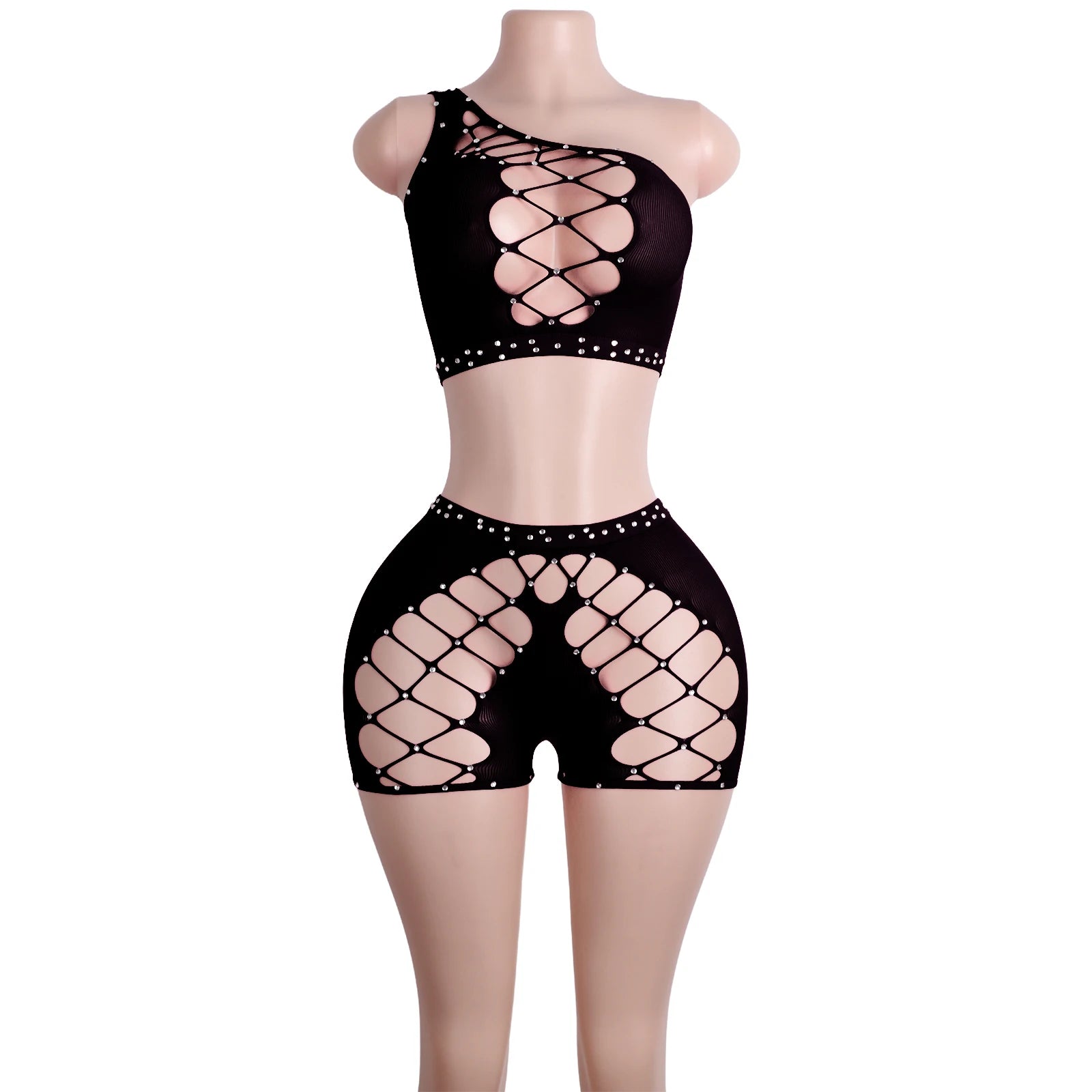 Exotic Dance wear Bodysuit Crystal Mesh Shorts Stripper Two-Piece Outfit