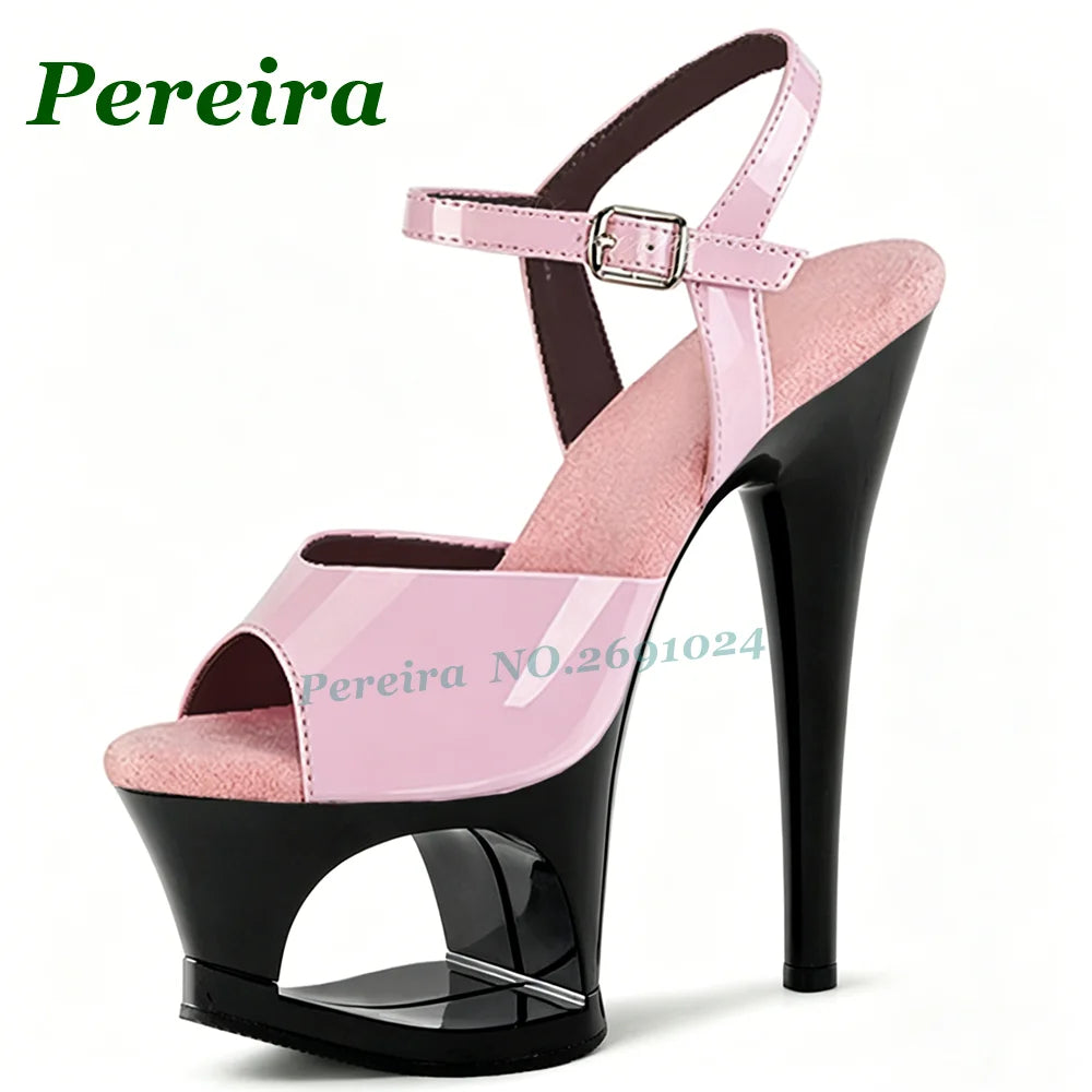 Women's Black Patent Cutout Platform Heels Sandals Peep Toe Ankle Strap Stiletto Sandals