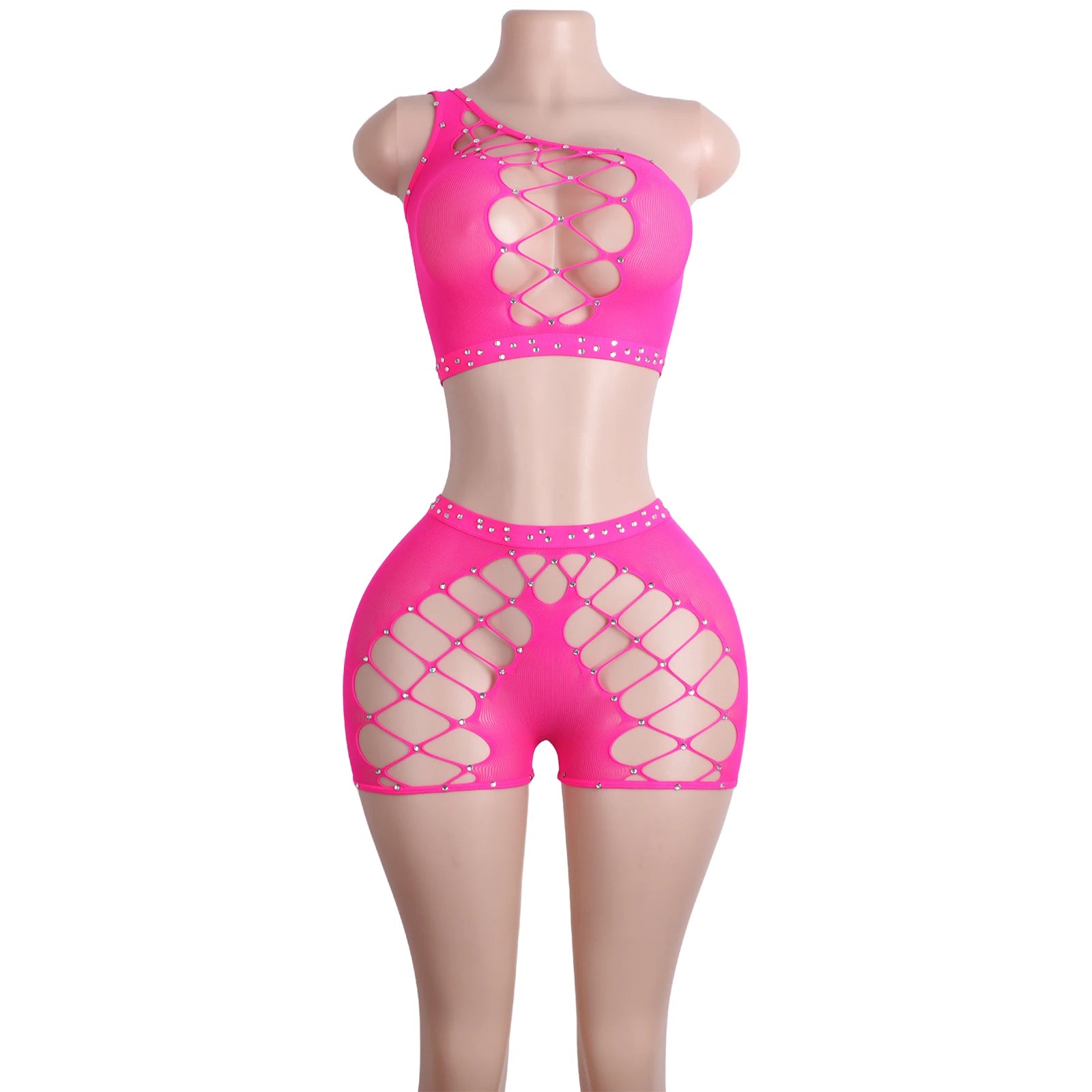 Exotic Dance wear Bodysuit Crystal Mesh Shorts Stripper Two-Piece Outfit