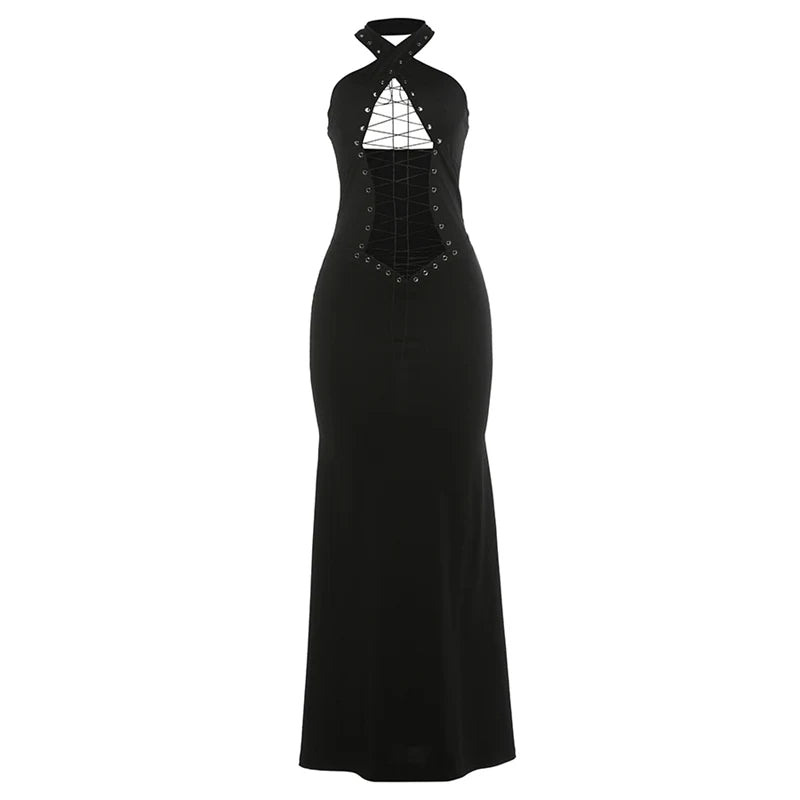 Sexy Hollow Long Dress Woman Halter Backless Cross Bandage Decoration High Waist Robe