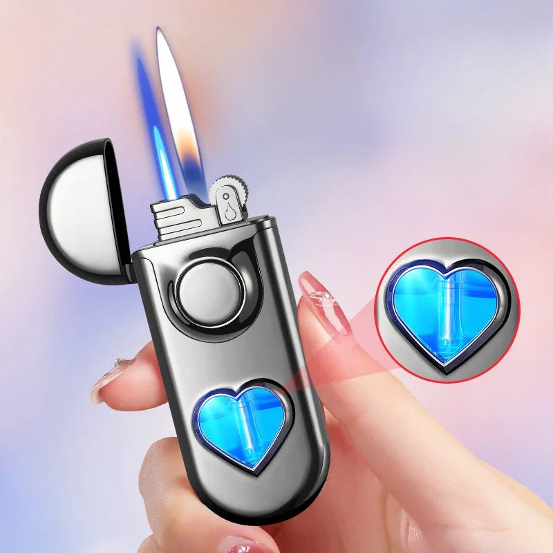 Metal Love Double Flame Butane Gas Lighter Creative LED