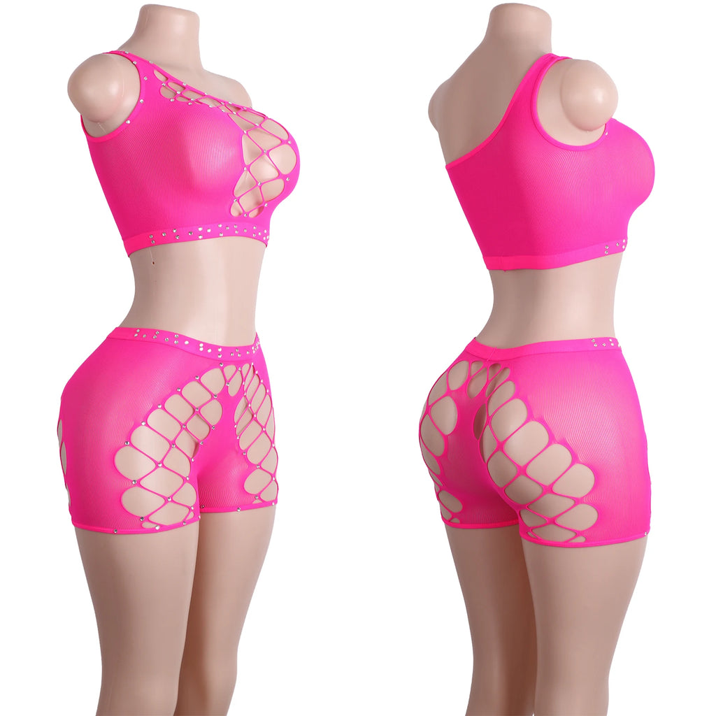 Exotic Dance wear Bodysuit Crystal Mesh Shorts Stripper Two-Piece Outfit