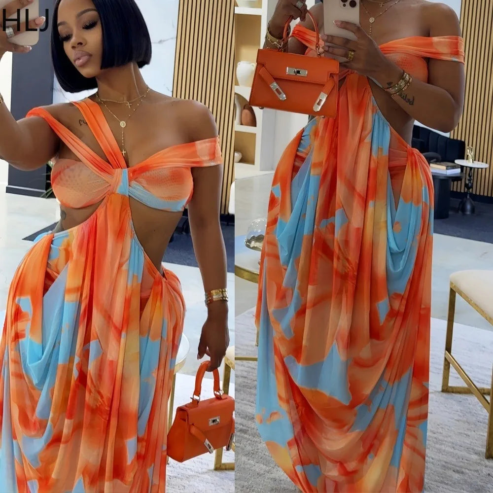 HLJ Sexy Tie Dye Patchwork Dress Women One Shoulder