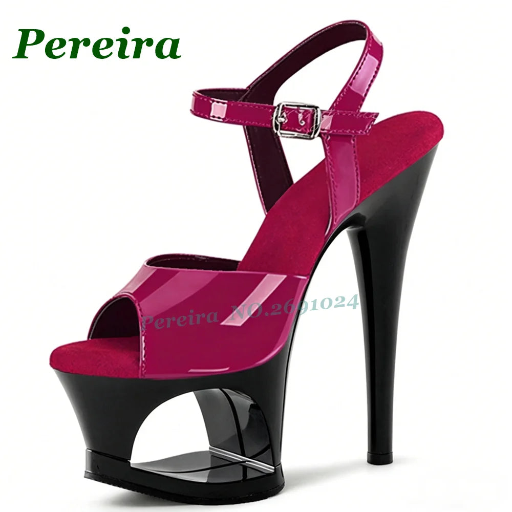 Women's Black Patent Cutout Platform Heels Sandals Peep Toe Ankle Strap Stiletto Sandals