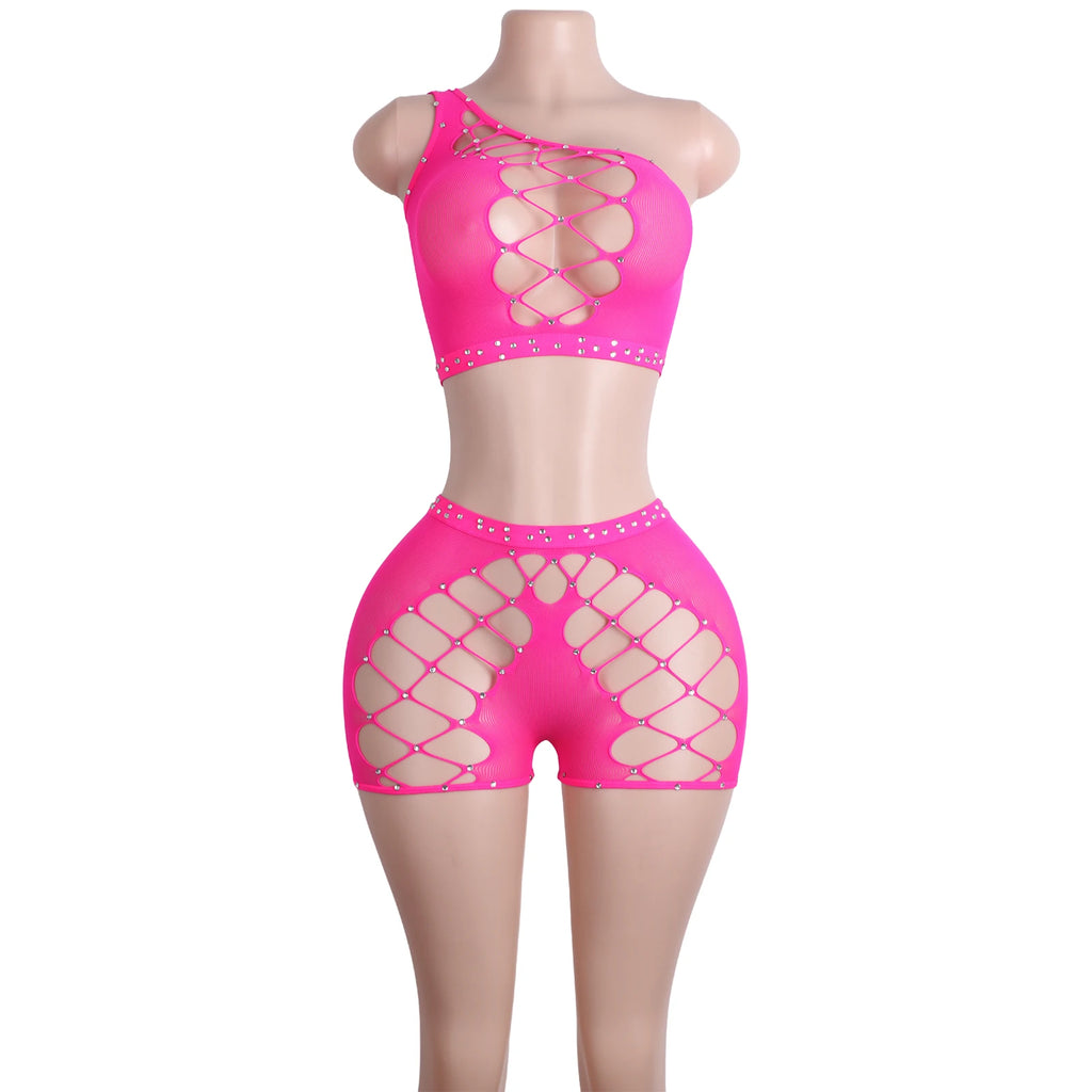 Exotic Dance wear Bodysuit Crystal Mesh Shorts Stripper Two-Piece Outfit