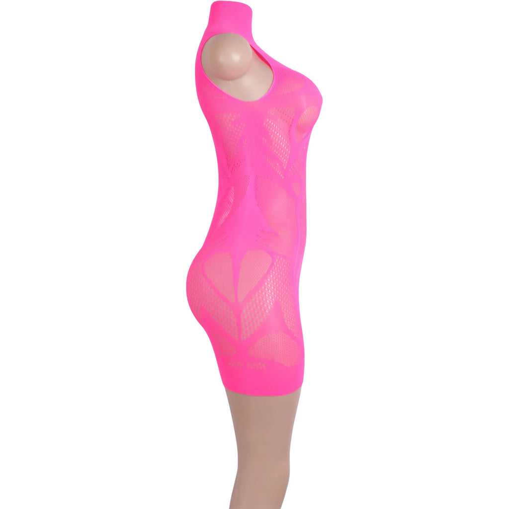 Women's Hot Pink Stripper Outfits Exotic Dancewear Sleeveless Bodysuit Fishnet Lingerie Bra Club Performance Wear