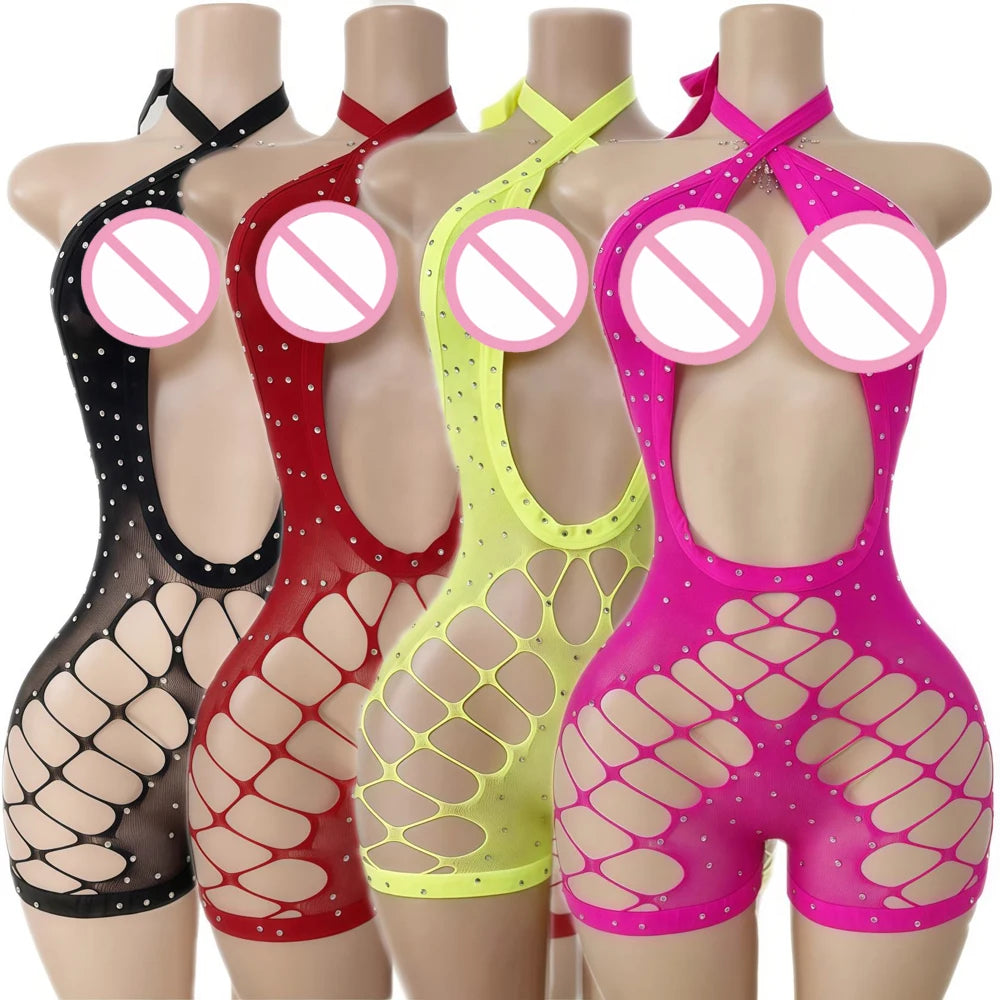 Sexy Designer Stripper Outfits Hollow-Out Rhinestone