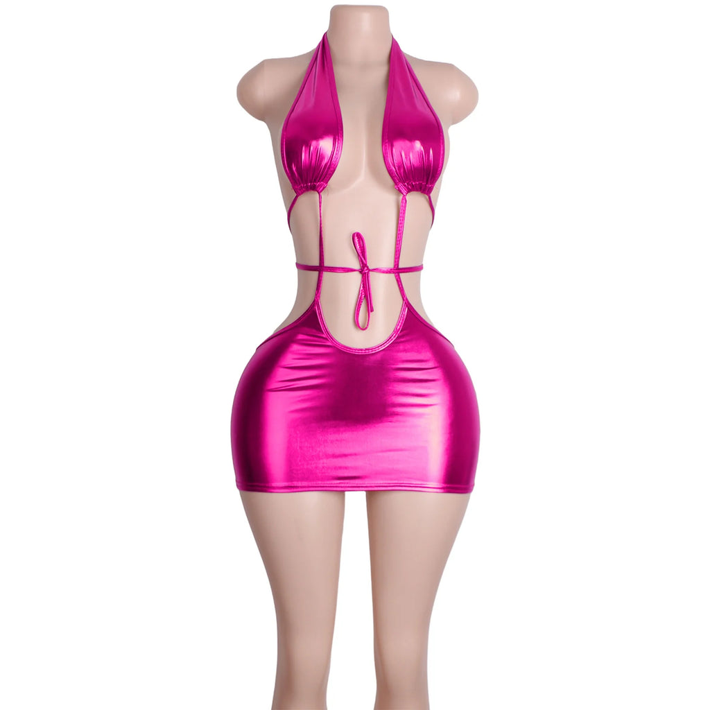 Patent Leather Jumpsuit Set Bodysuit Skirt Clubwear