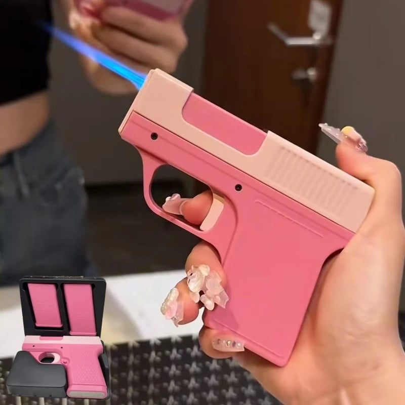 Windproof Capacity 10PCS Pistol style Inflatable Lighter with 3 Cigarette Boxes Jet style Deep Blue Flame Lighter Smoking Gift
