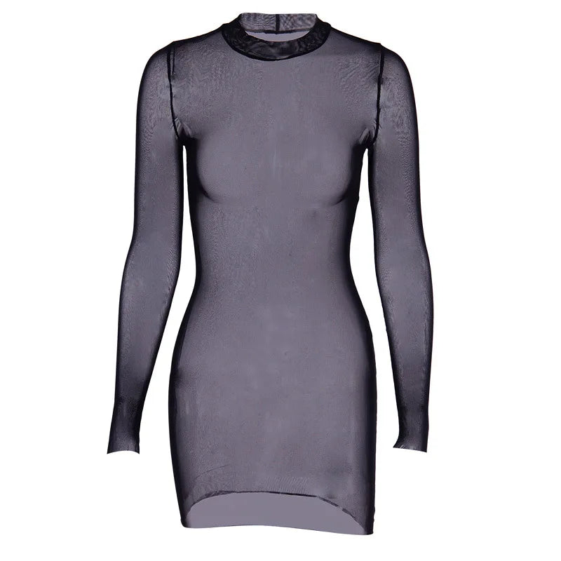 Women Mesh Dress Spring Autumn Sexy Sheer Mesh Long Sleeve