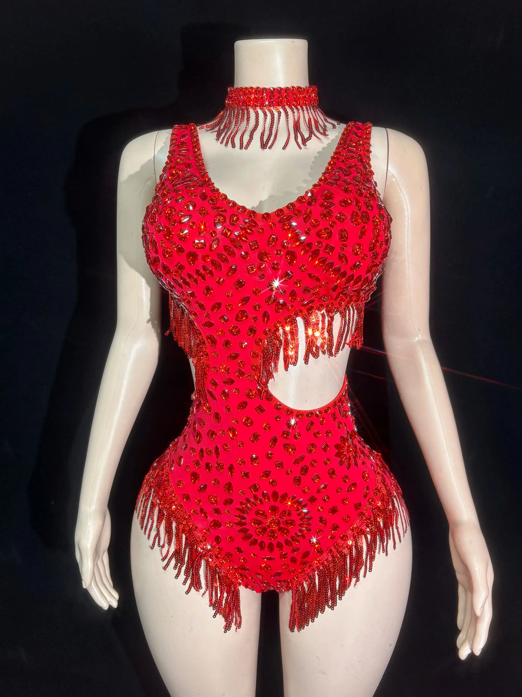 Women Sexy Sparkly Red Black Skin Crystal Stretchy Night Club Singer Dancer Shinning Tassel Stage Costume Party Bodysuit