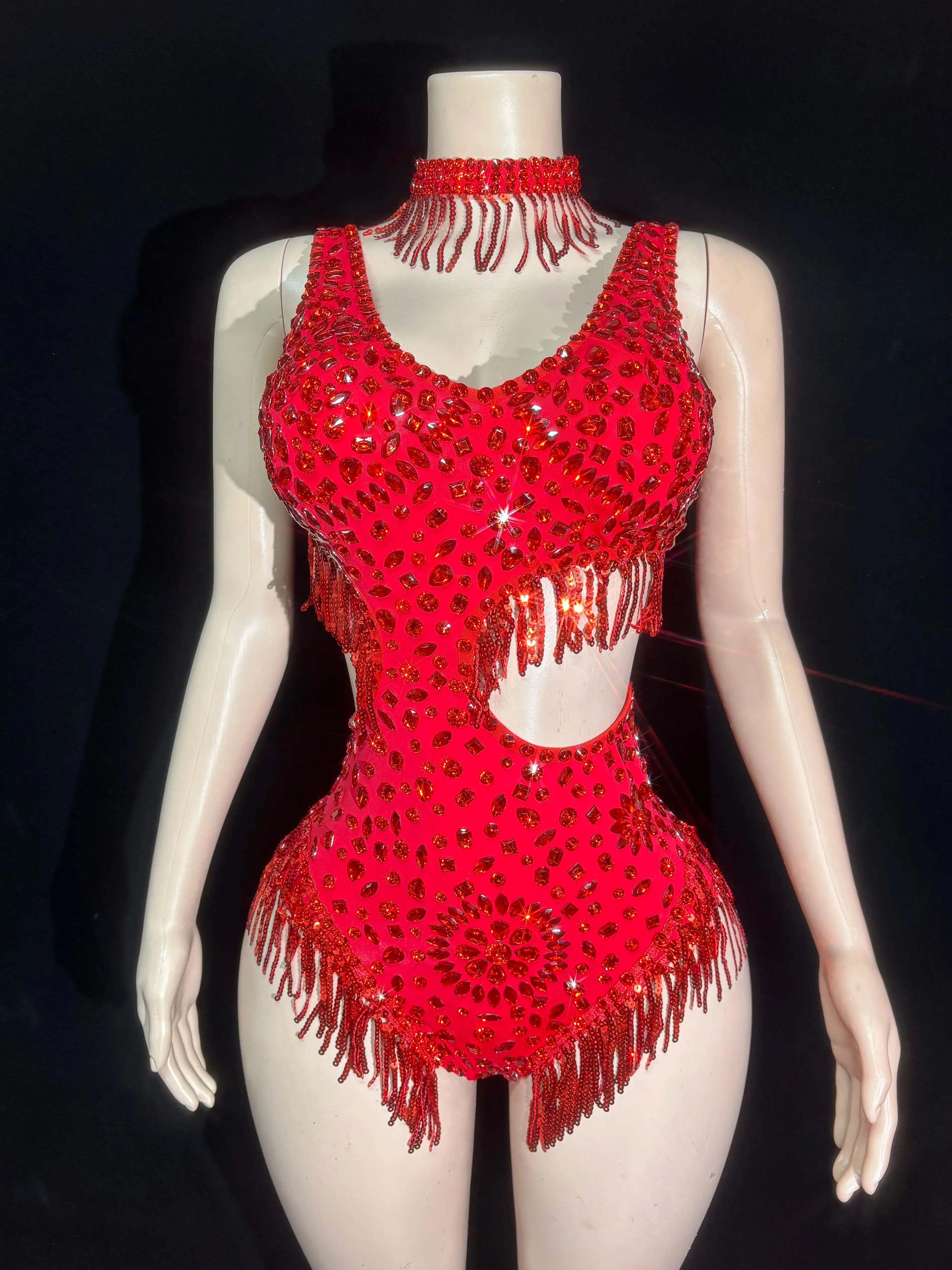 Women Sexy Sparkly Red Black Skin Crystal Stretchy Night Club Singer Dancer Shinning Tassel Stage Costume Party Bodysuit