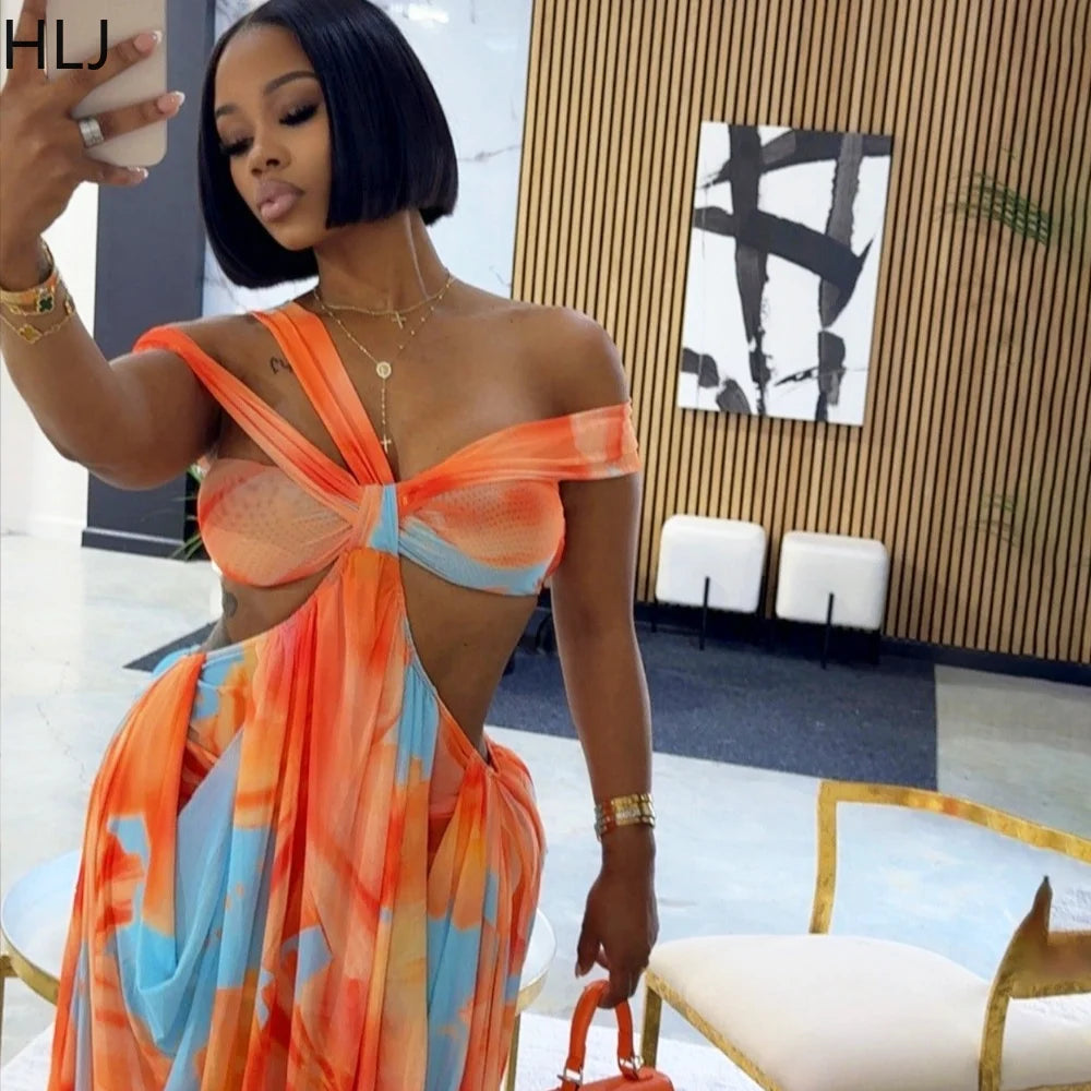 HLJ Sexy Tie Dye Patchwork Dress Women One Shoulder