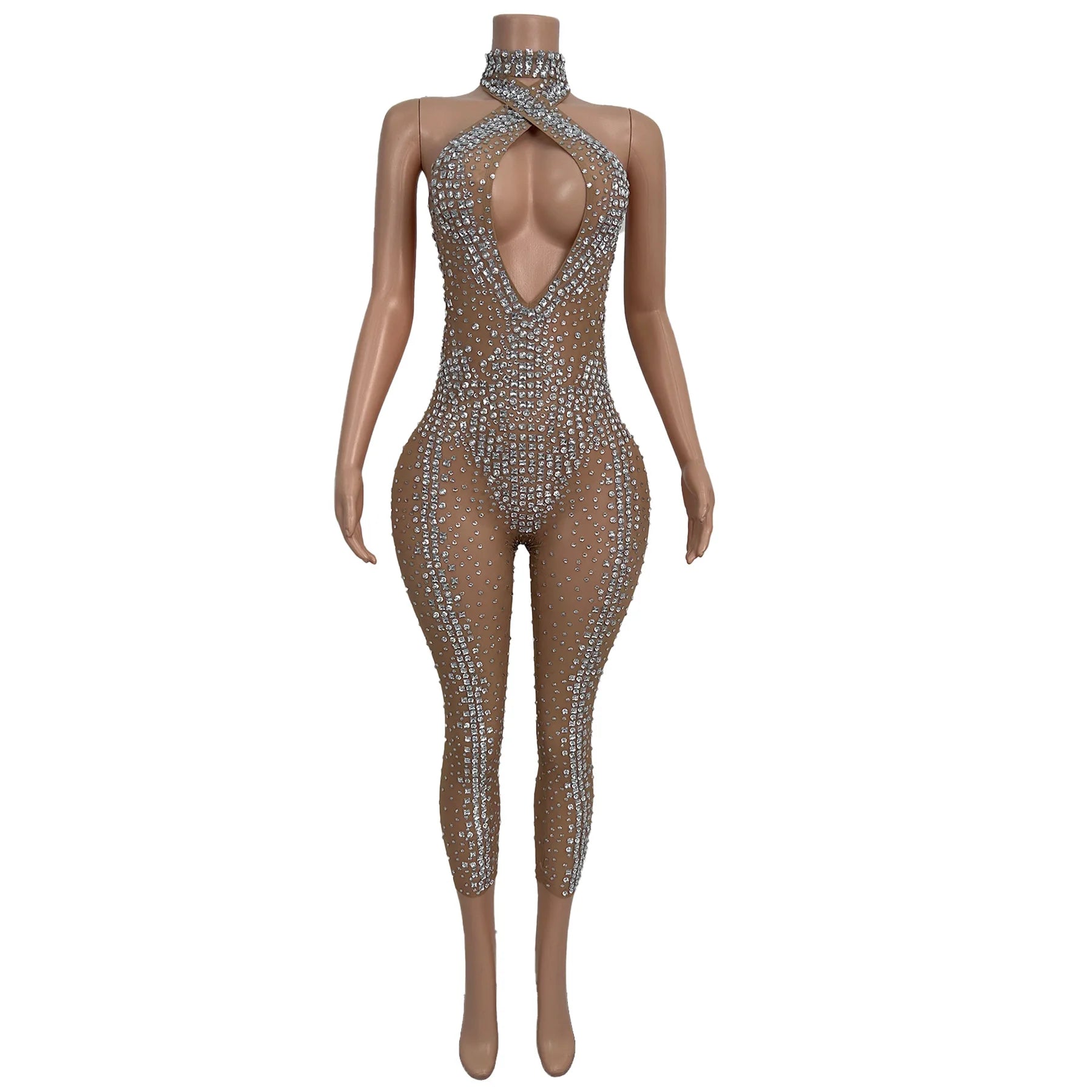 Sexy Sleeveless Hollow Out Rhinestone Jumpsuits Women Club Party One Piece Bodysuit Show Dance Rompers Stripper Festival Outfit
