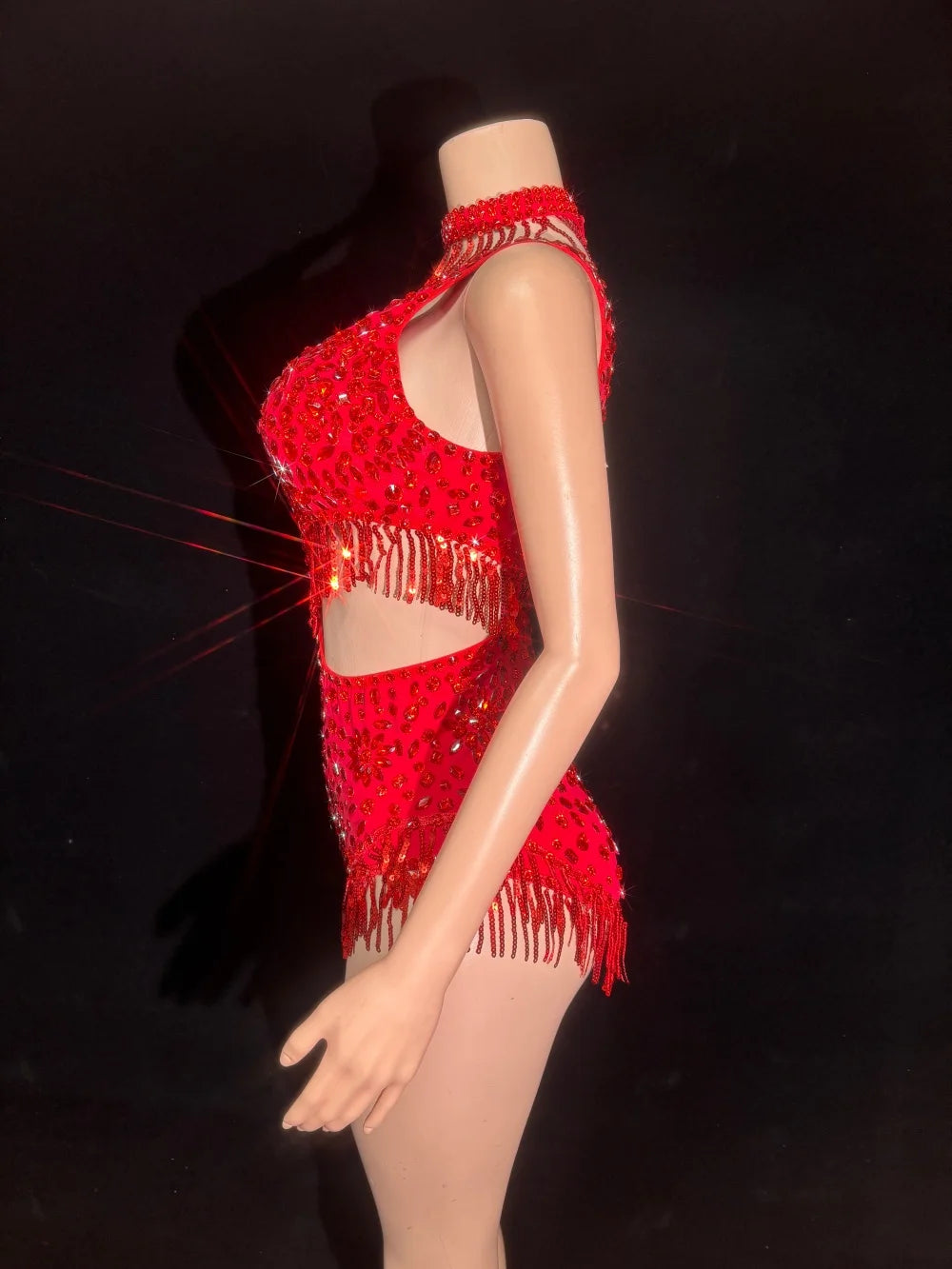 Women Sexy Sparkly Red Black Skin Crystal Stretchy Night Club Singer Dancer Shinning Tassel Stage Costume Party Bodysuit